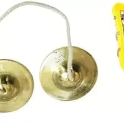 SPEHUB Brass Plated Manjeera (3.5 inch) and Hand Cymbal Jhikka (10 inch) Music Instrument Combo Set For Kirtan and Bhajan Kartal Instrument image 1