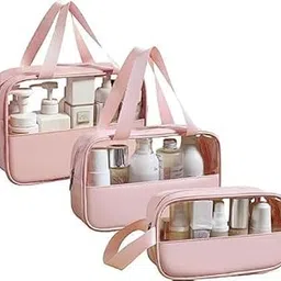 RUSHTEX Makeup Bag Set – Clear Toiletry Bags with PU Leather, Travel Cosmetic Organizer Pouches for Women & Men – Portable Hanging Skincare, Bathroom, and Beauty Storage Bags (Pink)-image-31