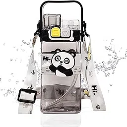 FunBlast Anti-Leak Kids Cartoon School Water Bottle, 520 ML BPA Free, Cute Animal Design Dual Cap With Straw, Strap & Carry Handle (Black)-picture-52