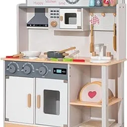 Kids Wooden Play Kitchen Set with Clock, Oven, Storage Shelves, White and Grey-picture-34