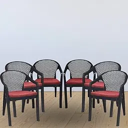 ITALICA Oxy Plastic Arm Chair for Home/Luxury Glossy Finish Plastic Outdoor Chair with Cushion/Patio Chairs for Balcony/Suitable for Indoor & Outdoor (5202, Black Luxury, Set of 6 Chair, BN)-picture-16