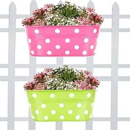 TrustBasket Set of 2 -Dotted Oval Railing Planter - (Magenta, Green)-picture-23