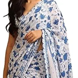 Women's Georgette Printed Saree With Unstitched Blouse Piece (Elephant White_White_Free Size)-image-6