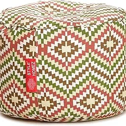Round Cotton Canvas Ikat Printed Bean Bag Ottoman Stool Large with Beans, Multi Color-picture-18