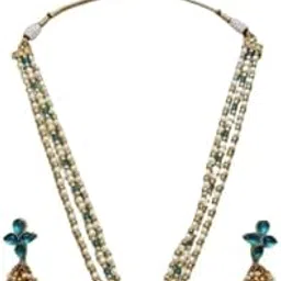 nusmaira Traditional Pearl and Turquoise Necklace Set with Pendant, Gold-Plated Jhumka Earrings, Indian Wedding Jewellery-picture-15