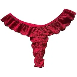 meezx fashion Lace Thong Panty with Ruffle Trim, Red-picture-33