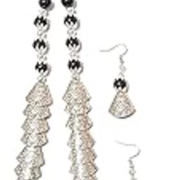 Oxidised German Silver Necklace and Earring Set with Black Beads, Traditional Floral Pendant-picture-51