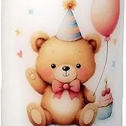 Decorative Birthday Pillar Candle, White with Teddy Bear Design, Happy Birthday Message-picture-45