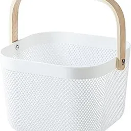 Modern Mesh Storage Basket with Wooden Handle | White Plastic Organizer for Fruits, Vegetables, Snacks | Multipurpose Kitchen, Pantry & Home Storage Container (26 * 25 cm) (1, Square)-image-72
