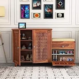 Solid Wood Shoe Cabinet for Living Room | Wooden Shoe Rack with Cushion Seating, Drawer, 2 Front Doors & 1 Flap Door Storage | Honey Brown-picture-18