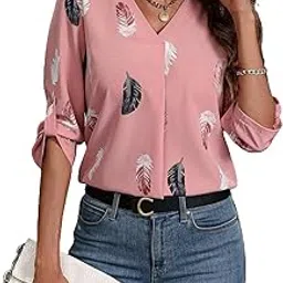 CREAZA Women's Feather Print Top | Stylish Long & Short Sleeve Roll Tab Shirt | V-Neck Modern Fit | Lightweight Polyester Casual & Office Wear | Western Fashion Top-picture-23