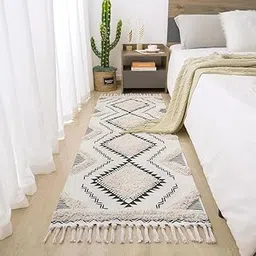Handwoven Cotton Bed Runner Rug 2x5 ft | Boho Ethnic Carpet with Tassels | Modern Floor Mat for Bedroom, Living Room, Hallway|White & Black 4b|4017-picture-25