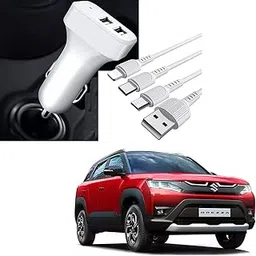 Auto Addict 2 Ports Fast Car Charger with 3 in 1 Cable (Turbo Charger,Dual USB) for Maruti Suzuki BREZZA New 2022 image 1