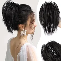 miss lirenn Miss Lirenn® Clip on Ponytail for Woman 8 Teeth Claw Messy Bun Makeup Ponytail Hair Extension Synthetic Like Natural Hair Stylish Washable Hair Extensions, Matte Finish,12 Inches Long,(Black)-picture-22