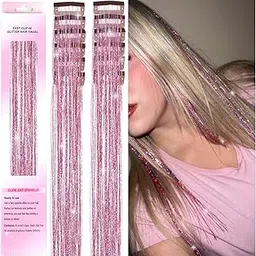 BLUSHIA 2Pcs Hair Tinsel Clip in Hair Tinsel Clips Glitter Tinsel Hair Extensions Clip in Hair Tinsel Fairy Hair Tinsel Heat Resistant Sparkly Hair Accessories for Girls Women (2Pcs Pink)-picture-11