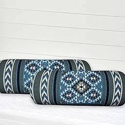 SkyKross Set of 2 Bolster Cover 100% Pure Cotton Geometric Printed Masand Cover for Sofa, Diwan, Bed, Living Room | Bolster Dewan Round Pillow Covers (Blue)-picture-17