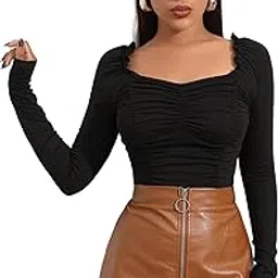 shasmi Women's & Girl's Full Sleeve, Sweat Hear Neck, Frill Trim Ruched Crop Top for Women, Tops, Slim Fit T-Shirts for Girls (Top 71 Black Small)-picture-69