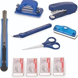 Office Stationery Set, Stapler NR-10, Paper Punch 52, Scissor KS-152, Staple Remover SR-100, MP-9 Cutter with 4 Staples Pin Boxes, (10 Pcs). Blue-picture-24
