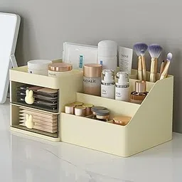 House of Quirk Polypropylene, Polystyrene 2 Drawer Cosmetics Makeup Organizer For Vanity Bathroom, Clear Drawer Cosmetic Storage Display Case With Brush Holder, Desk Countertop (Cream),Grey-picture-24