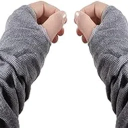 upstore 1Pair Long 30cm/11.8inch Elbow Length Knit Wrist Thumbhole Fingerless Elastic Stretch Long Arm Gloves Winter Warmer Mitten Sleeves for Ladies Women Girl(Grey)-picture-22