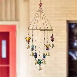 Fashion Bizz Handcrafted Ganesha Bells Windchime Decorative Hangings Wall Art for Main Door/Living Room Home Decor Wood Windchime (19 inch, Multicolor)-image-31