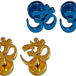 Gold and Blue Stainless Steel Om Piercing Stud Earrings for Men and Women (Combo of 2) Stainless Steel Stud Earring-image-65