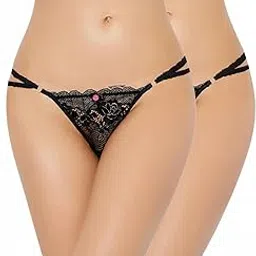 Women's Delicate Lace Thong Panty, Pack of 2, Combo Bikini & Hipster Floral Pattern, Side-Tie Design, G-Sting, Women Underwear for Honeymoon, Beach, Cotton Nylon Lace-picture-33