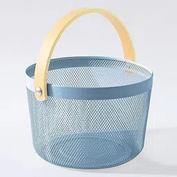 Kuber Industries Metal Mesh Basket for Storage with wooden handle | 400 Gm | Fruit Basket and Vegetable Basket | Kitchen Organizer | Baskets for Organizing Home and Kitchen | Multipurpose | Blue |-picture-24