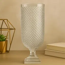 SHOBHANA ENTERPRISES Premium Diamond Cut Engraved Hurricane Glass Vase for Home Décor, Flower Arrangement, Candle Holder & Festive Styling | (Size: 15 × 40 cm) (Clear)-image-0