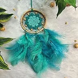 Handcrafted Boho Dreamcatcher, Crochet Flower Design Wall Hanging, Small Size with Feathers, 11 inches (Teal Green)-image-47