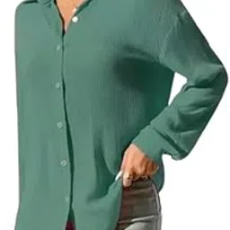 Women's Girl's Fancy Solid Color Textured Long Sleeve Button Down Shirt, Collared Relaxed Fit Crepe Shirt (Color : Pink, Light Pink & Green) Oversized Multicolour-picture-45