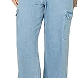 zaahii Women's Straight Fit High Waist Non Stretchable Denim Cargo Jeans(Light Blue)-picture-23