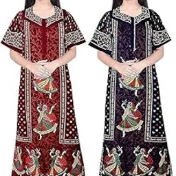 bresdk Women’s Cotton Printed Maxi Nighty (Pack of 2) – Ankle-Length Night Dress Gown, Soft & Comfortable Sleepwear, Free Size-picture-37