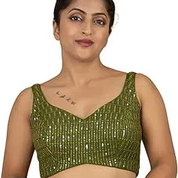figure's designer Women's Sequin Embroidered Sweetheart Neck Sleeveless Readymade Saree Blouse Indian Ethnic Designer Stitched Handmade Top Padded Pink Yellow Green Silver Black E7-picture-20
