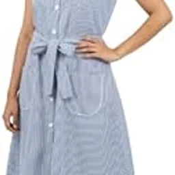 designally Summer Striped Button Down Dress, V-Neck Sleeveless, Cotton Blend, Knee Length with Front Pockets and Waist Belt, Casual Beach Style-picture-32