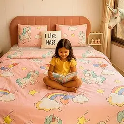 Famyo Unicorn King Size Bedsheet Set | Birthday Gifts for Kids | Cute Bed Sheet for Girls | Unicorn Return Gift for Kids Room Decor (4 PCs)-picture-12