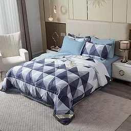 Maple&Finch Super Soft Quilted Cotton AC Comforter/Duvet/Bedding Set for Double Bed with 1 Flat Bedsheet and 2 Pillow Covers, 220 GSM, Yale Blue Geometric Triangle (AR4911-13-D6)-picture-21