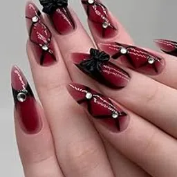 SIYARAM PALACE handmade Nails Press-On Nails Set, Burgundy Gradient with Black Bows and Crystals, 12 Pieces, Handmade Nails with Preparation Kit-picture-14