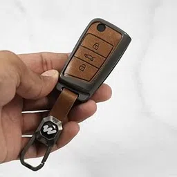 Metal Alloy Leather Key case for Skoda/Volkswagen Cars 3 Button Flip Key (VW 2- TAN)-picture-45
