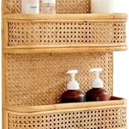 Rattan Wall Mounted Bathroom Shelf | Natural Woven 2-Tier Storage Organizer | Wicker Toiletry Display Rack | Boho Home Decor (Small, 14x28x40cm, 1Kg) image 1