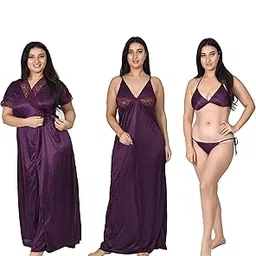 gwachi Half Sleeve Satin Solid Maxi Nightwear 1 Nighty, 1 Wrap Gown, 1 Panty, 1 Bra (GW_4003_Half_4Pcs_Set)-picture-50