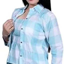 Women's Blue and White Plaid Crop Top with Long Sleeves, Casual Stylish Design Combo of Shirt & Tube Top-picture-38