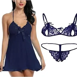 Combo Offer! Women's Solid midi Nightwear and Lace Bra Panty Set Navy Blue-image-13