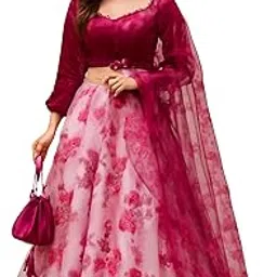 dripfoundry Women's Elegant Floral Organza Lehenga Choli with Satin Blouse & Net Dupatta Designer Lehenga Set with Matching Potli Bag Ethnic Outfit_Pink_Freesize-picture-17