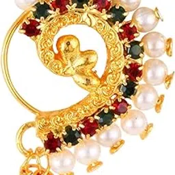 Vivastri Gold Plated with Pearl Alloy and Artificial CZ stone Non Piercing Nath for women-VIVA1186NTH-Press-Multi-picture-55