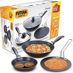 Hawkins Futura Nonstick Kitchen Gift Set - 2 L Stir-Fry Pan with Glass Lid, 17 cm Frying Pan with Stainless Steel Lid and 22 cm Tava, Black (24NSGP)-picture-16
