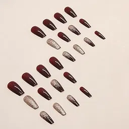 Trendy Set of 24 Artificial Reusable Nails in Half Red Half Golden Design With Glue-picture-21