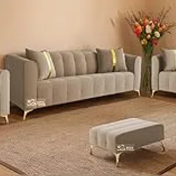 The Sofa Studio - Premium Tufted Velvet Sofa in Golden Accent Set in Golden Metal Legs Decorative Throw Pillow Sofa for Living Room, Bedroom, Hallways (Beige, 3+2+1+Ottoman Seater) image 1