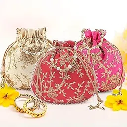 Kuber Industries Pack of 3 Potli Bags for Ladies & Girls | Shagun Pouches for Festive Seasons | Embroidery Bridal Purse -Cream, Pink & Red-picture-44