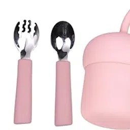 tudd Baby Grip Set Stainless Steel & Silicone Utensils for Kids | Pink with Mini Sip | Spill-Proof Silicone Straw Cup for Kids | Pink-picture-27